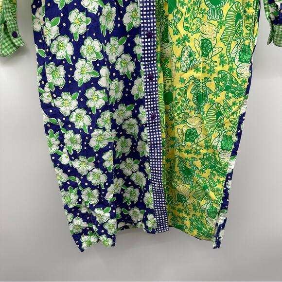 White Label Lilly Pulitzer Blue & Green Patchwork Button Front Shirt Dress Sz M - Picture 3 of 12